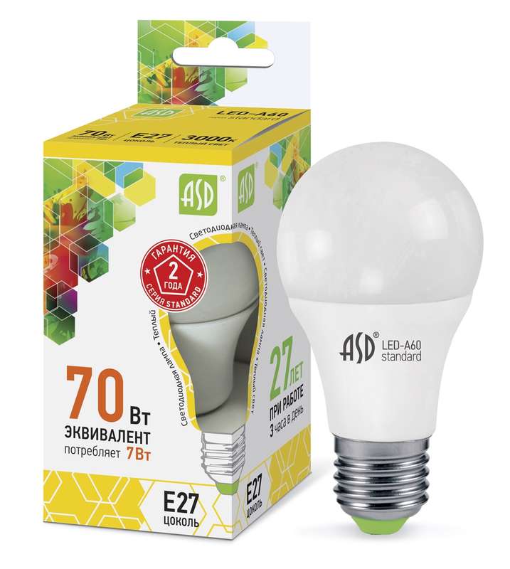 Лампа светодиодная LED-A60-standard 7Вт грушевидная 3000К тепл. бел. E27 630лм 160-260В ASD 4690612001692